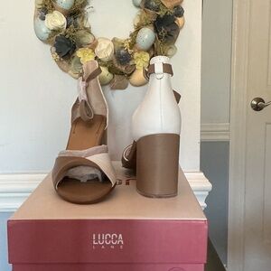 Lucca Lane Two-Tone Ankle Strap Block Heels in Beige & White